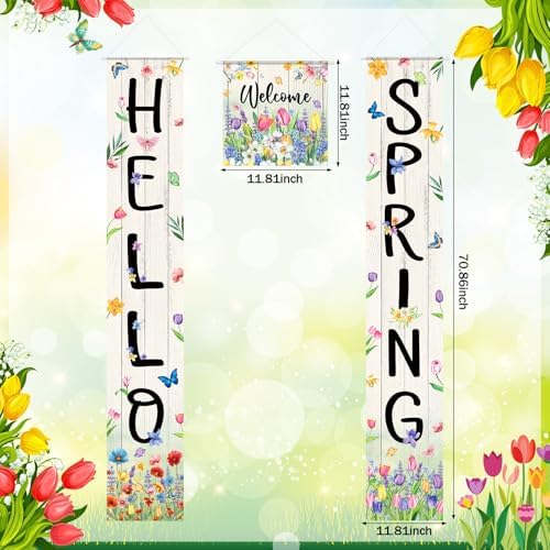 VitalCozy 3pcs Hello Spring Floral Porch Banner Welcome door Hanging Banner Colorful Floral Butterflies Porch Sign Decorations for Yard Indoor Outdoor Decorations - Image 2