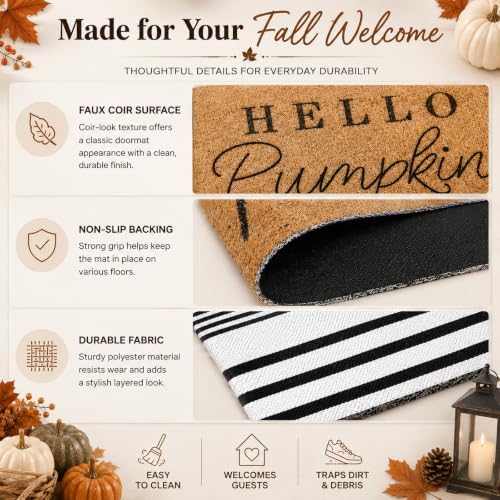 Tinideya 2 Pcs Hello Pumpkin Layered Doormat Set with Stripe Rug - Image 4