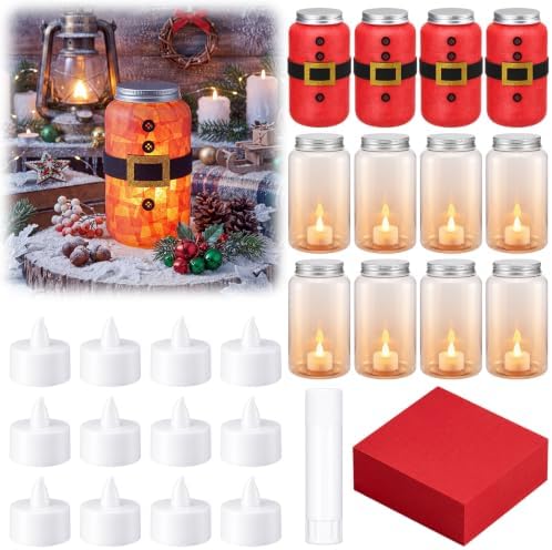 Qinyoung 12 Pcs Santa Belt Crafts Mason Jars Tissue Paper Crafts with LED Candle Light DIY Suncatchers Decoration Make Your Own Christmas Glittering Santa Jars Supply for Winter Xmas Home Art Activity by Qinyoung
