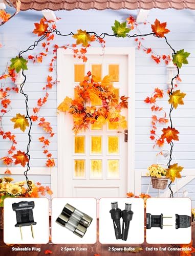 Maple Leaf String Lights Thanksgiving Decorations, Fall Garland Lights String with 35 LED Orange Yellow Green Lights for Connectable Display Indoor Outdoor Fall Decor Halloween Decorations - Image 6