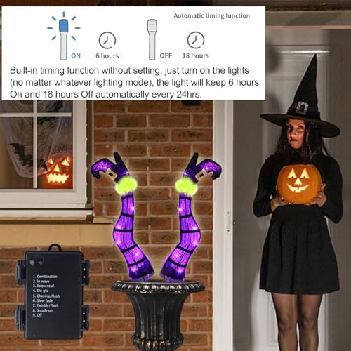 Juegoal Set of 2 Halloween Lighted Wicked Purple Witch Legs with Stakes, 22" Light Up Tinsel Halloween Yard Sign Prop Timer & 8 Modes, Battery Operated for Outdoor Party Haunted House Garden Decor - Image 4