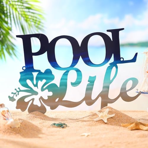Tandefio Pool Life Metal Wall Art Decor Hibiscus Flower Coastal Metal Wall Art Tropical Outdoor Decor Swimming Pool Sign for Summer Beach Patio Living Room Bathroom Boat Decorations (Blue Gradient) by Tandefio