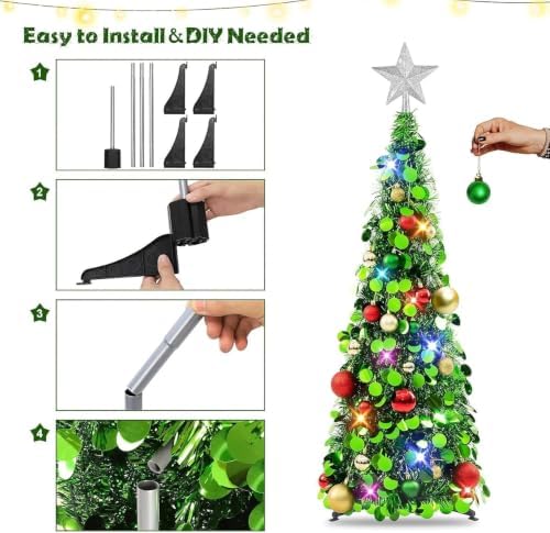 N&T NIETING Pop Up Christmas Tree with Lights, Collapsible Tinsel Xmas Tree Decorations, Pencil Christmas Tree Skinny Tree for Holiday Xmas Home Office Decor, 25 Balls, 3Ft, Green - Image 4