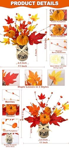 2 Pack Fall Decor 13.5 Inch Lighted Fall Trees Mason Jar with 20 LED Timer - Image 5