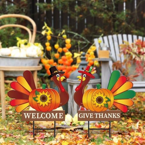 JarThenaAMCS 2 Pack Thanksgiving Fall Metal Garden Stakes Decorations Turkey Pumpkin Welcome Yard Sign for Autumn Harvest Outdoor Lawn Patio Walkway - Image 3