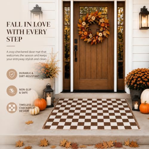 Duraaamo Brown and White Checkered Rug 2' x 3' for Fall Outdoor Decor - Image 3