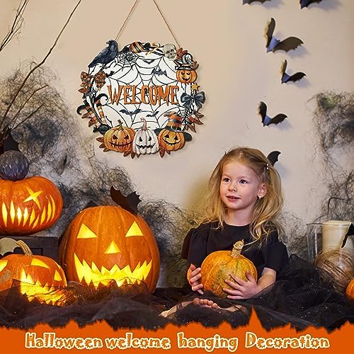 Huwena Halloween Wreaths for Front Door Welcome Sign Happy Halloween Wall Decorations Wooden Spider Web Ghost Black Cat Pumpkin Wreath Hanger for Front Porch Indoor Holiday Decor Party Supply - Image 3
