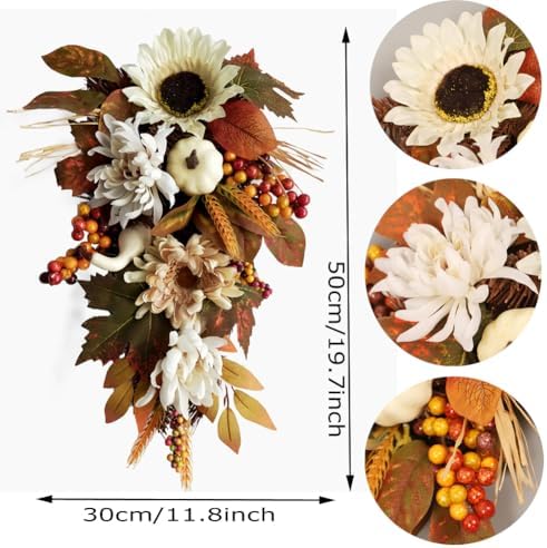 Artificial Fall Teardrop Swag Hanging Teardrop Swag Autumn Swags Fall Wreaths with Pumpkin Maple Leaves for Thanksgiving Fall Front Door Window Wall Porch Eaves Doorways Festivals Decor - Image 2