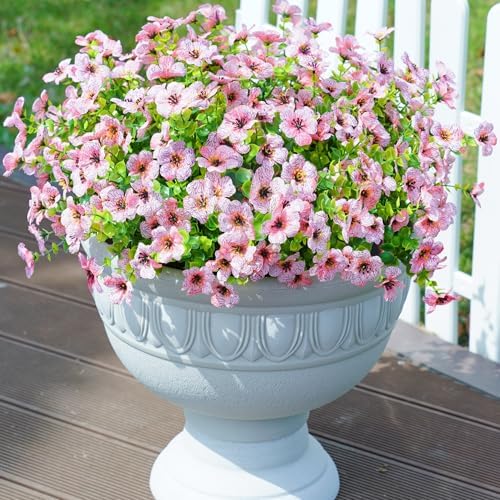 Daisy Artificial Flowers for Outdoors Decor, 12 Bundles Faux Daisy with Eucalyptus Fake Plants Greenery UV Resistant Look Real Colorful Faux Flowers for Outside Planter Porch Patio Yard Gardens, Pink - Image 3