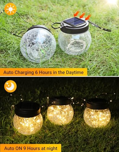Solar Lantern Solar Lights Outdoor Waterproof 2-Pack, Solar Powered Hanging Lights Cracked Glass Hanging Globes for Christmas Decoration, Shepherd Hook, Garden Tree Ornaments - Image 3