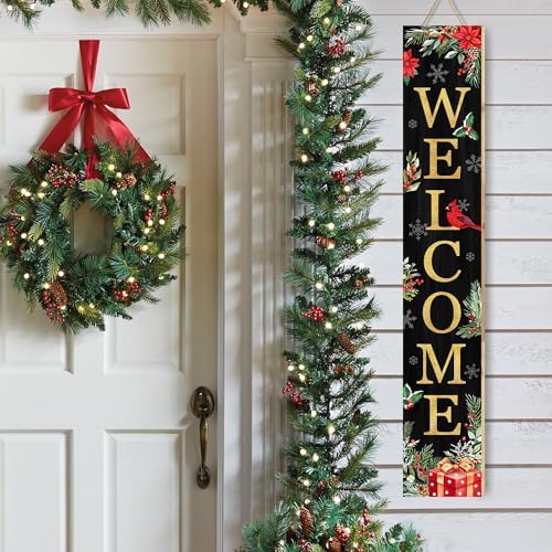 Christmas Welcome Sign for Front Porch Standing, Holly Xmas Themed Wooden Porch Sign for Front Door Decorations, Rustic Farmhouse Hanging Wall Sign for Christmas Winter Decor 47.2" H - Image 6