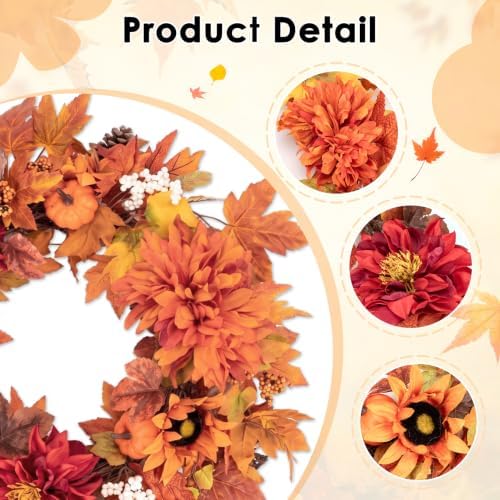 Fall Wreaths for Front Door Decor Artificial Flower, 24" Pumpkin Autumn - Image 4