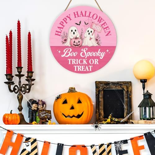 Pink Halloween Decor Pink Ghost Happy Halloween Trick or Treat Door Sign - Image 4