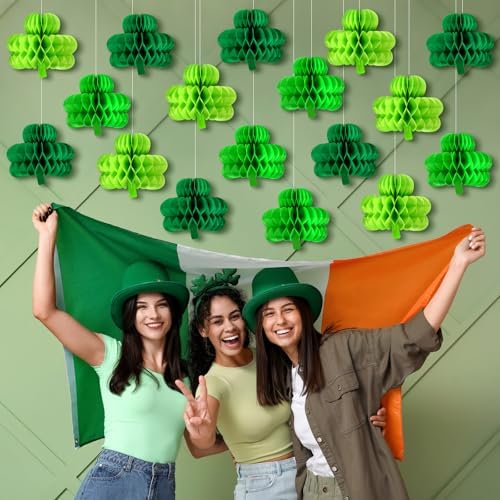 Gueevin 30 Pcs St Patricks Day Hanging Decorations St. Patrick's Day Honeycomb Balls Shamrock Honeycomb Paper Irish Ceiling Decor for Table Centerpiece Birthday Home Spring - Image 3