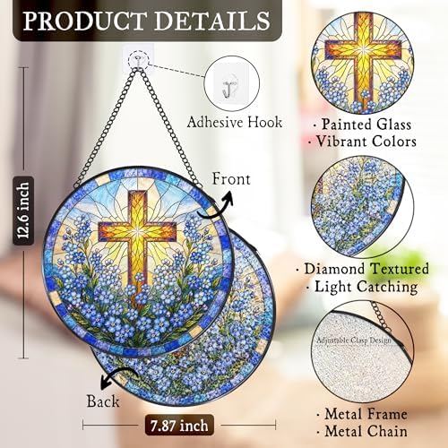 Cross Forget Me Not Stained Glass Window Hanging Garden Suncatcher - Image 7