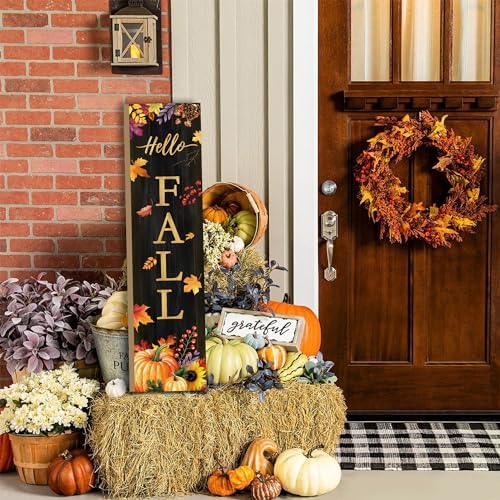 Hello Fall Porch Sign for Front Door, Autumn Wooden Welcome Sign with Maple Leaves Pumpkin for Front Porch Decorations, Fall Garden Decor Outdoor Hanging Signs Wall Sign 31.5"H - Image 2