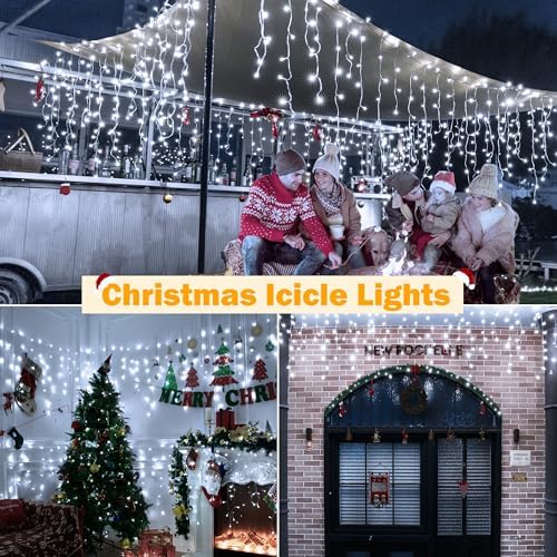 Ollny Icicle Lights Outdoor Cool White, 600LED 49FT Christmas Lights with Remote 8 Modes Dimmable, Waterproof Connectable Timer Hanging Light for House Outside Yard Indoor Decorations - Image 6