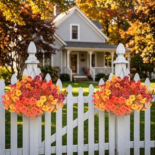 Daynight 2 Set Artificial Outdoor Fall Flowers with Hanging Baskets, 24 Pcs Faux Petunias Flowers with Hanging Planter for Outside Porch Yard Garden Autumn Decor (2, Orange) - Image 2