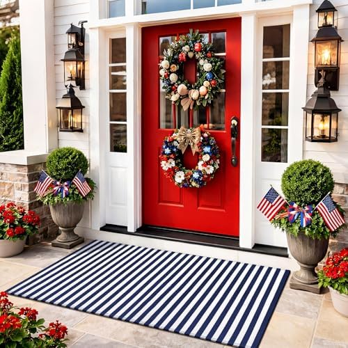 Moucuny 3' X 5' Wide Navy and White Patriotic Vertical Stripe Outdoor Rug - Image 4