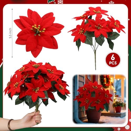 Daifunli 6 Pcs Christmas Poinsettias Artificial Flower for Outdoor Outside - Image 2