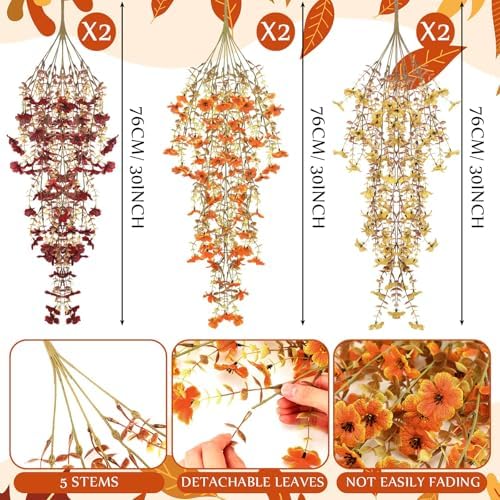 6 Pcs Fall Artificial Hanging Flowers Outdoor, Retro Color - Image 2