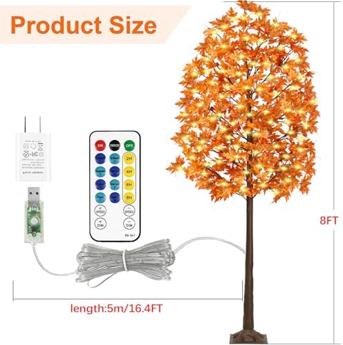 8FT 210 LED Lighted Maple Tree - Thanksgiving Decor Artificial Fall Tree with 21 Branches, 21 Acorns 420 Leaves, Remote 8 Flashing Modes, Timing, DC 5V Safe for Outdoor Wedding Party Autumn Decor - Image 3