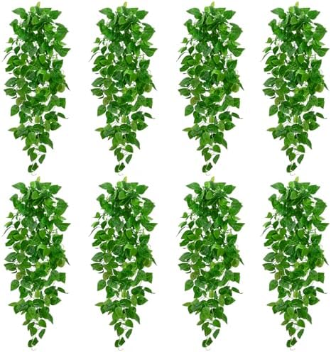 BLEUM CADE 8Pcs Fake Hanging Plants, 9 Branch Artificial Hanging Plant, Lush Faux Pothos Vines for Home Room Wall Shelf Porch Outdoor Indoor Decor (No Baskets) by BLEUMCADE