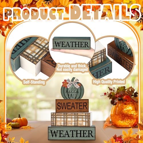 Moucuny 4 Pcs Fall Table Decor Neutral Sage Green Pumpkin Wooden Sign - Image 3