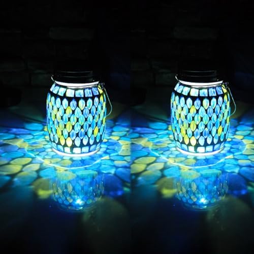 Solar Mosaic 2pack Outdoor Waterproof Cool Blue Mosaic jar Decor Christmas Gifts for Women Mom Grandma Halloween Hanging Solar Lights Decoration Outside for Yard, Patio,Backyard,Porch (Contemporary) by SolarGardenDecorationLight