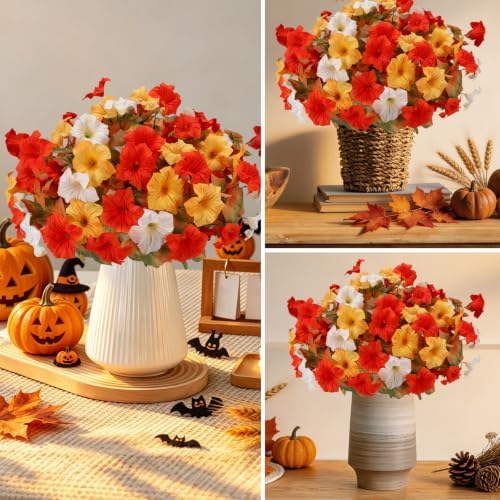 Geegoods Fall Flowers Outdoor, 4 Bundles Orange Yellow White Faux Petunias - Image 6