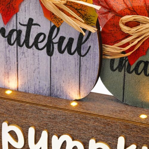 Yookeer Fall Pumpkin Decoration Lighted Vintage Fall Table Centerpiece LED Autumn Tabletop Decor Wood Thankful Grateful Blessed Harvest Farmhouse Hello Pumpkin Table Sign for Autumn Thanksgiving Home - Image 3