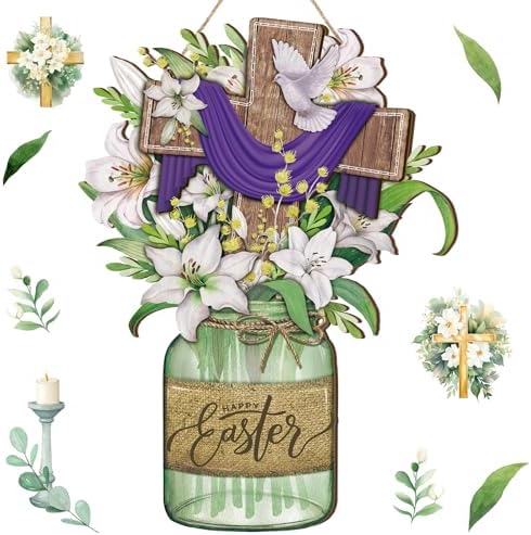 Boao Happy Easter Door Sign Plaque Easter Cross Wooden Hanging he is risen Door Sign Decorations Indoor Floral Spring Wall Hanger for Spring Party Indoor Outdoor Home by Boao