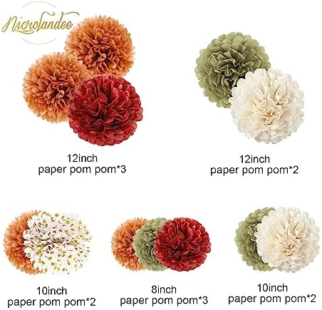 NICROLANDEE Fall Party Decor 12 PCS Orange Burgundy Green Tissue Pom Poms - Image 3