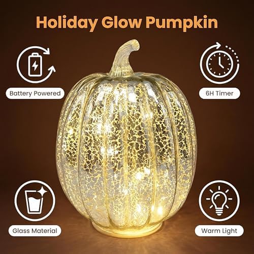 Fall Decorations for Home,Mercury Glass Pumpkin Lights with Timer(Silver) - Image 3