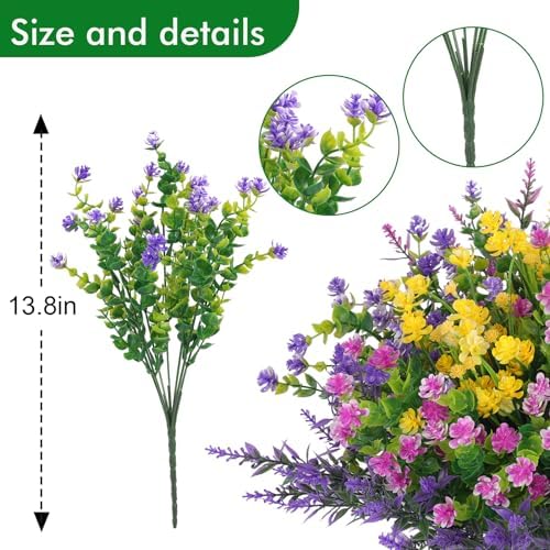 Hananona 24 Pcs Artificial Flowers Outdoor, Faux Artificial Plants UV Resistant Plastic Flower Bulk for Hanging Planter Porch Window Home Wedding Summer Decor (24, Fuchsia, Purple, Yellow, Green) - Image 3