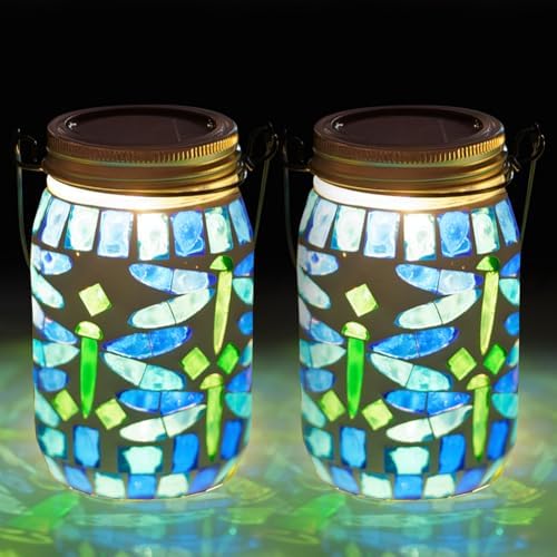 Starsoul 2 Pack Solar Hanging Lanterns Outdoor Waterproof, Mosaic Dragonfly Decor Glass Solar Outdoor Lights, Decorative Solar Lantern for Outside Pathway Patio Porch Yard Decor by Starsoul