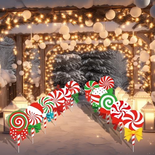12-Piece Christmas Lollipop Yard Signs with Stakes Decorations – Assorted Candy Cane Peppermint Designs 14 Inches Large Outdoor Holiday Candy Signs for Garden, Lawn, Driveway, and Christmas Party Favor - Image 4