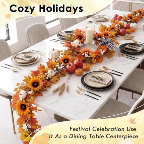 Fall 6FT Garland Wreaths 24", 4 Pack, Artificial Sunflower - Image 7