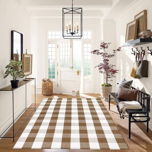 Fall Outdoor Rug Brown and White Buffalo Plaid Rug Cotton Hand-Woven Buffalo Check Rug Layered Doormats for Front Door/Front Porch/Farmhouse/Entryway/Patio - Image 6