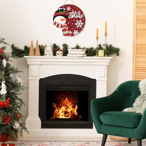 JarThenaAMCS Christmas Winter Welcome Door Sign Xmas Red Snowman Snowflake Wooden Front Door Hanging Sign 3D Round Outdoor Hanger for Party Home Wall Porch Decorations, 12 Inch - Image 3