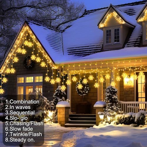 150 LED Christmas Icicle Lights with Snowflakes, Hanging Snowflake Light with 8 Modes, Connectable Warm White Icicle Lights for Outside, Roof, Window, Holiday Party Decor - Image 4