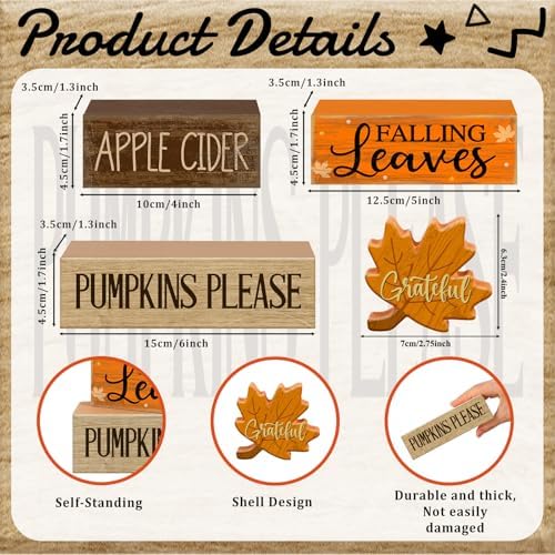 Moucuny 4 Pcs Fall Wooden Block Signs Tiered Tray Decor, Grateful - Image 3