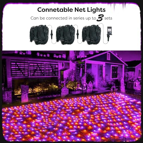WBao Halloween Lights Outdoor 360LED 11.5ft x 6.9ft Halloween Net Lights with 8 Modes, Timer, Connectable, Waterproof & Dark Green Wire for Lawn, Bushes Outdoor Holiday Decorations, Orange Purple - Image 4