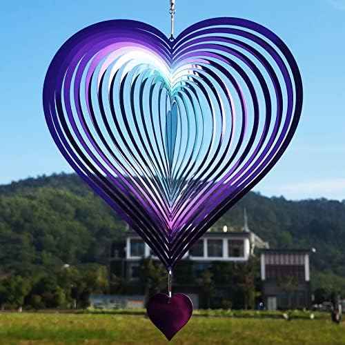 DJUAN Wind Spinner Purple-Green Gradient Love Heart 3D Metal Hanging Wind Spinners Worth Gift Stainless Steel Yard Art Decorations Indoor/Outdoor Kinetic Wind Sculptures & Spinners by DJUAN