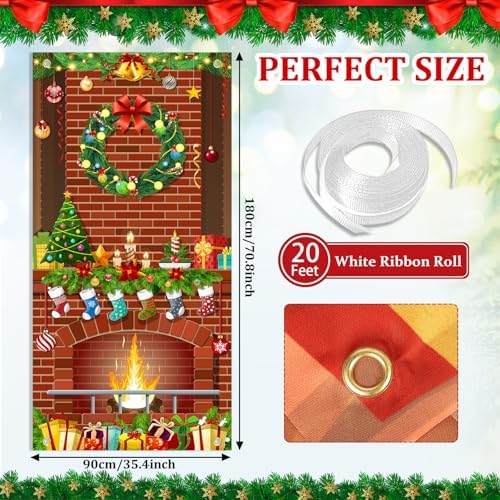 Christmas Door Cover Fireplace Decoration Xmas Large Photography Background Banner Porch Sign for Winter Indoor Outside Front Door Banner Farmhouse Party Supplies 6 x 3 Feet Fireplace - Image 2