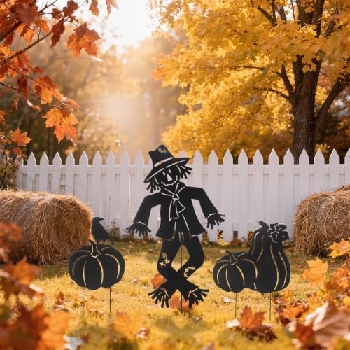 Glitzhome Fall Outdoor Decorations,36"H Fall Metal Scarecrow Pumpkin Silhouette Yard Stakes Set of 3,Scarecrows Pumpkins Silhouette Decor,Metal Yard Signs for Thanksgiving Autumn Party Lawn Garden by Glitzhome
