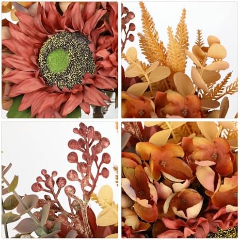 Silk Sunflowers Artificial Flowers with Mason Jar Centerpiece for Table Orange Red Fall Flowers in Vase Fall Floral Arrangement with Vase Thanksgiving Centerpiece for Dining Room Table Autumn Decor - Image 3