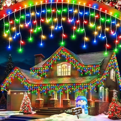 159 FT Christmas Lights Outdoor, 1458 LED Waterproof Outside Christmas Lights Plug in, Timer & Memory, 8 Modes Fairy Lights with 324 Drops for House Eaves Yard Patio Decorations, Multicolor by JIXXULVU