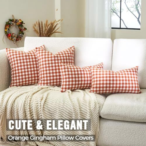 Fall Orange Plaid Gingham Checkered Porch Pillow Covers 16x16 Set of 2 - Image 4