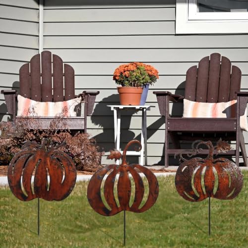 Rusty Metal Pumpkin Garden Stakes, 3 Pcs Fall Yard Outdoor Decor - Image 4